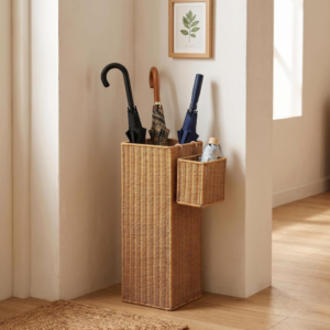 Natural Rattan Umbrella Basket with Drip Tray and Side Storage Compartment