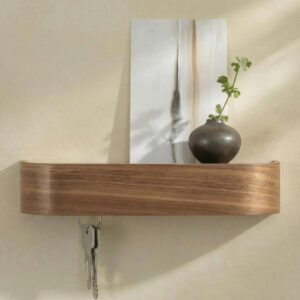 Walnut-colored wall-mounted key holder with a floating shelf