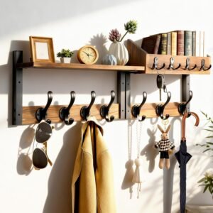 Natural wood-toned modular wall-mounted coat rack with a wide shelf