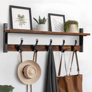 Black rustic-style wall-mounted coat rack with a top storage shelf