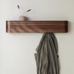 Walnut-colored wall-mounted coat rack with concealed mounting