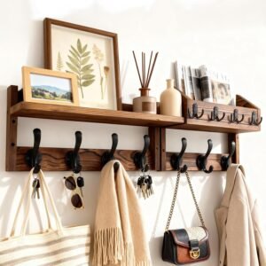 Minimalist wooden wall-mounted coat rack with a storage shelf
